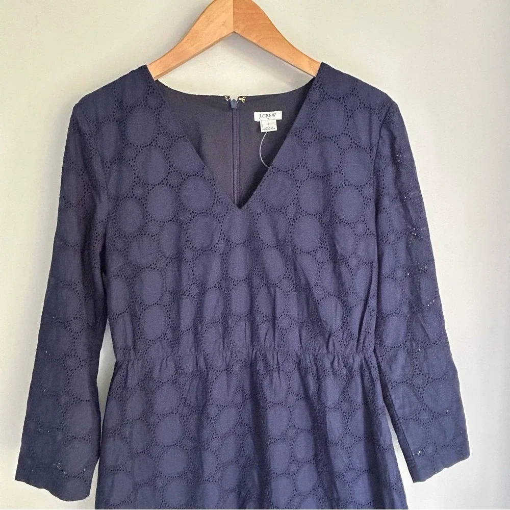 J Crew Eyelet Navy Blue Dress Long Sleeve V Neck Elastic Waist Size‎ 6